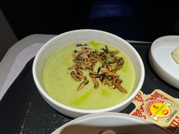 Chilled pea soup - mint oil, puffed wild rice.  Tasty but salty.

