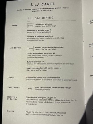 Snack and breakfast menu - will try to post photos as we get served.  Planning dinner, sleep, snack, breakfast! 