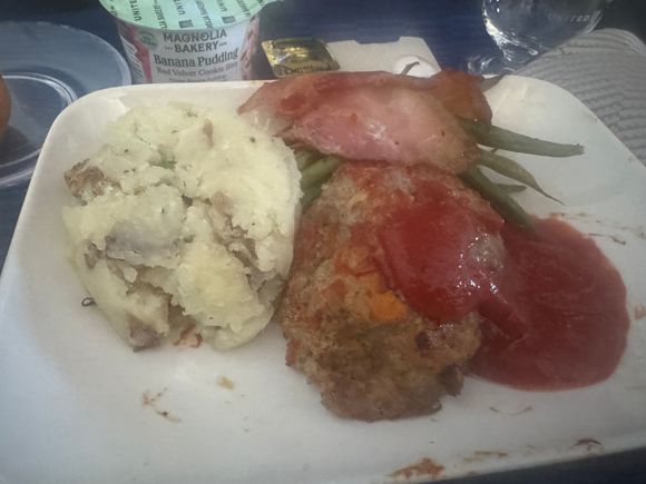 Had the Denver signature bison meatloaf today DEN-YEG.  As someone who doesn’t normally like meat loaf I was impressed.   Pretty decent flavor and moisture; definitely not the dry stuff I grew up hating.  The mash was also decent.  Beans were average and the bacon was similar to what you’d get at a lower tier hotel buffet; no crisp whatsoever, but at least not too fatty/chewy.  