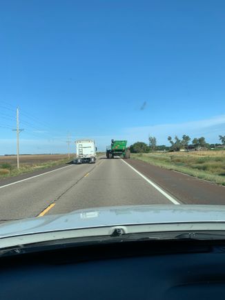 What southern Kansas looks like. Lots of slow farm equipment and big cattle trucks. 
