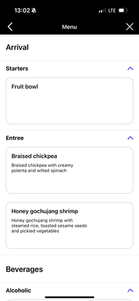 Arrival meal menu options.  Shrimp was the more popular choice.
