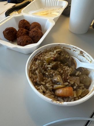 Seafood gumbo and hush puppies.   