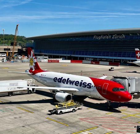 Edelweiss A320 from the viewing terrace; must work out an itinerary involving a flight with them 