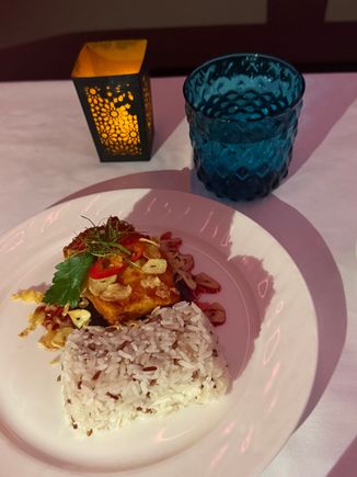 Roasted sea bass. Dry and unmemorable. Rice was also dry. 