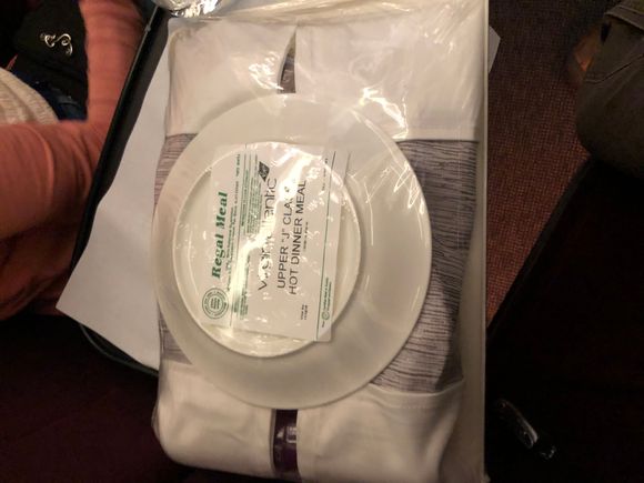 The Upper Class meal ex-JFK — it came complete with tablecloth and new VS dishes and silverware