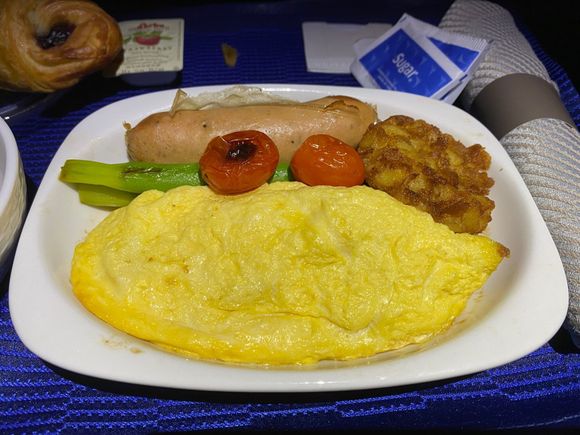 Mercifully, in addition to the dreaded green egg brick, this flight also offered a normal omelet option. 
