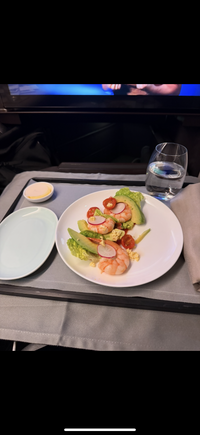 Starter - LHR - HKG CX250 Feb 21. Good and fresh, there was a small amuse bouche of smoked salmon before. Not a fan of the sieved egg.