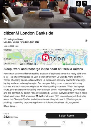 Paris description for a London hotel on the Bonvoy app