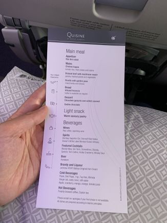 Menu at economy class