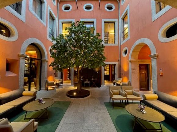 Hotel lobby - reception is where the windows are, obscured by the tree