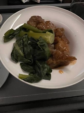 Boneless US pork ribs with strawberry sauce with kai lan. Avoid at all cost. 
