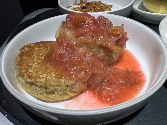 Farro Pancakes - roasted rhubarb, maple syrup.  Needed the sauce, a bit dry without.  Paired well with the bacon.