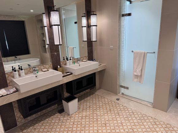 Double vanity with walk in shower with rain shower