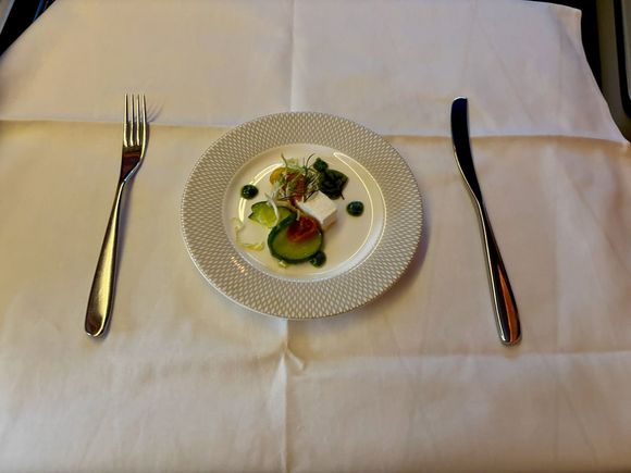 Amuse Bouche / Isle of Wight tomatoes, manouri cheese, mustard pickled cucumber, wild rocket pesto