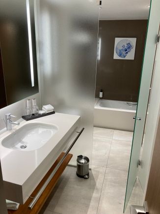 One can close the glass door for privacy between sink/shower and toilet/bath area