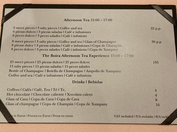 Boira afternoon tea menu 