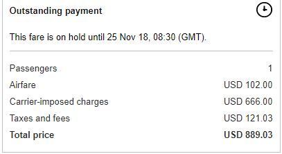 Original January 8/March 9 Fare Breakdown $890