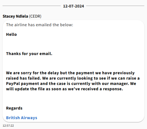 Update from BA via CEDR on July 12, 2024