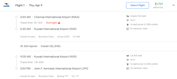 Kuwait Air - MAA to JFK via KWI