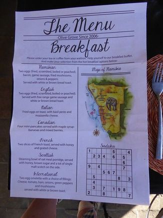 Breakfast menu at The Olive Grove Guesthouse
