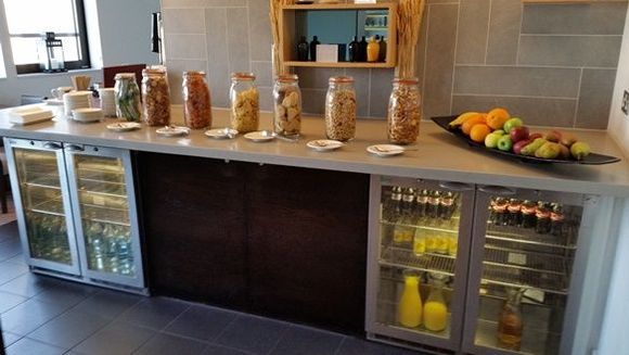 How the new Afternoon Tea at Hilton Tower Bridge now looks. Not the addition of cereal bars, note the removal of pretty much anything else, including a few very sad looking fridges.
