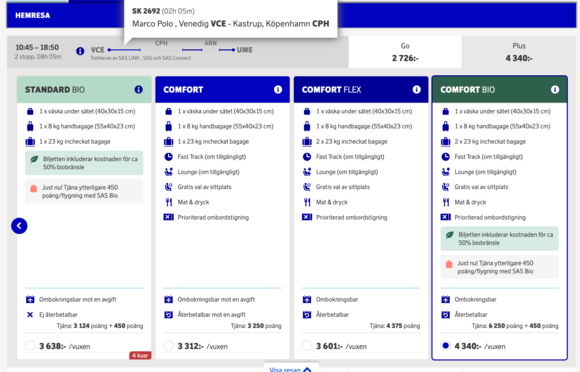 Screengrab of SAS.se fare options for VCE-CPH-ARN-UME
