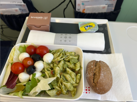 Pasta salad on flight from VNO to BRU