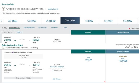 CX/UO round trip JFK-HKG-CRK