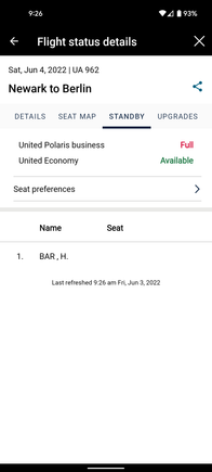 Standby has seats available (green text saying "Available") but you can't purchase a ticket on the flight.