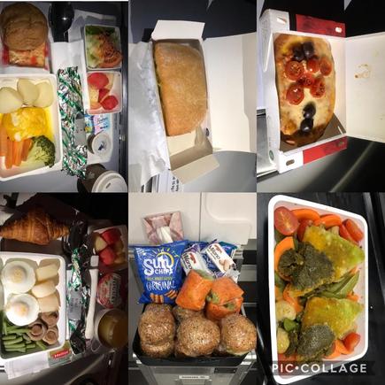 Top L - R : LSML Fish (supper), LSML chix sandwich (yuck), pizza snack from menu
Below L - R : LSML eggs (b/f), delectable selection at the galley/rear of the cabin, Canyon Ranch tofu main