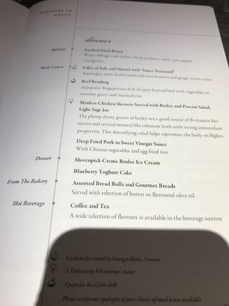 SQ 918 Dinner menu 
(Oct. 2019)