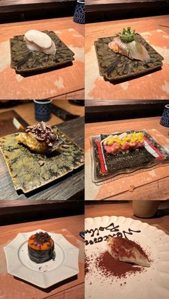 The omakase was inspired by countries of the world; courses from left to right, top to bottom:
- Peru, Scallop with leche de tigre and lime
- Sweden, Aged Red Snapper with caper, onion, dill, chive, and pickle
- Brasil, Anago (saltwater eel) with coffee shell and cacao leaf
- France, Tuna with vegan foie gras
- Spain, Sea Urchin with salmon roe, raw egg yolk injected with truffle soup, and truffle flakes
- Italy, Tiramisushi aka rice pudding with mascarpone and cocoa powder