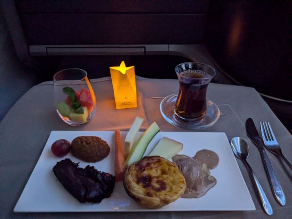 Dessert trolley selections and tea (I asked for whatever they recommended and then also asked for some veggies and cheese to nibble on as well as a fruit cup)