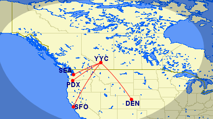 Some possible YYC routes.  SFO and DEN are served by mainline but only seasonally.