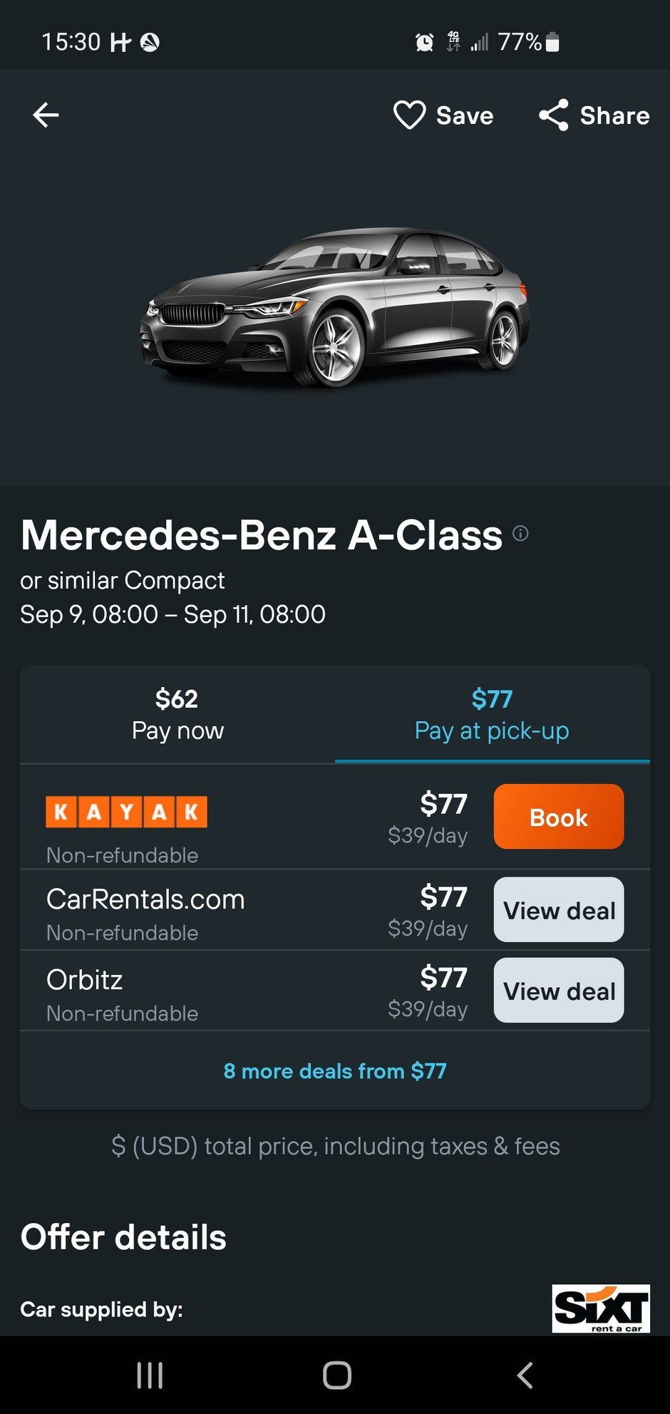 Pay now shown as refundable and pay later nonrefundable on Kayak
