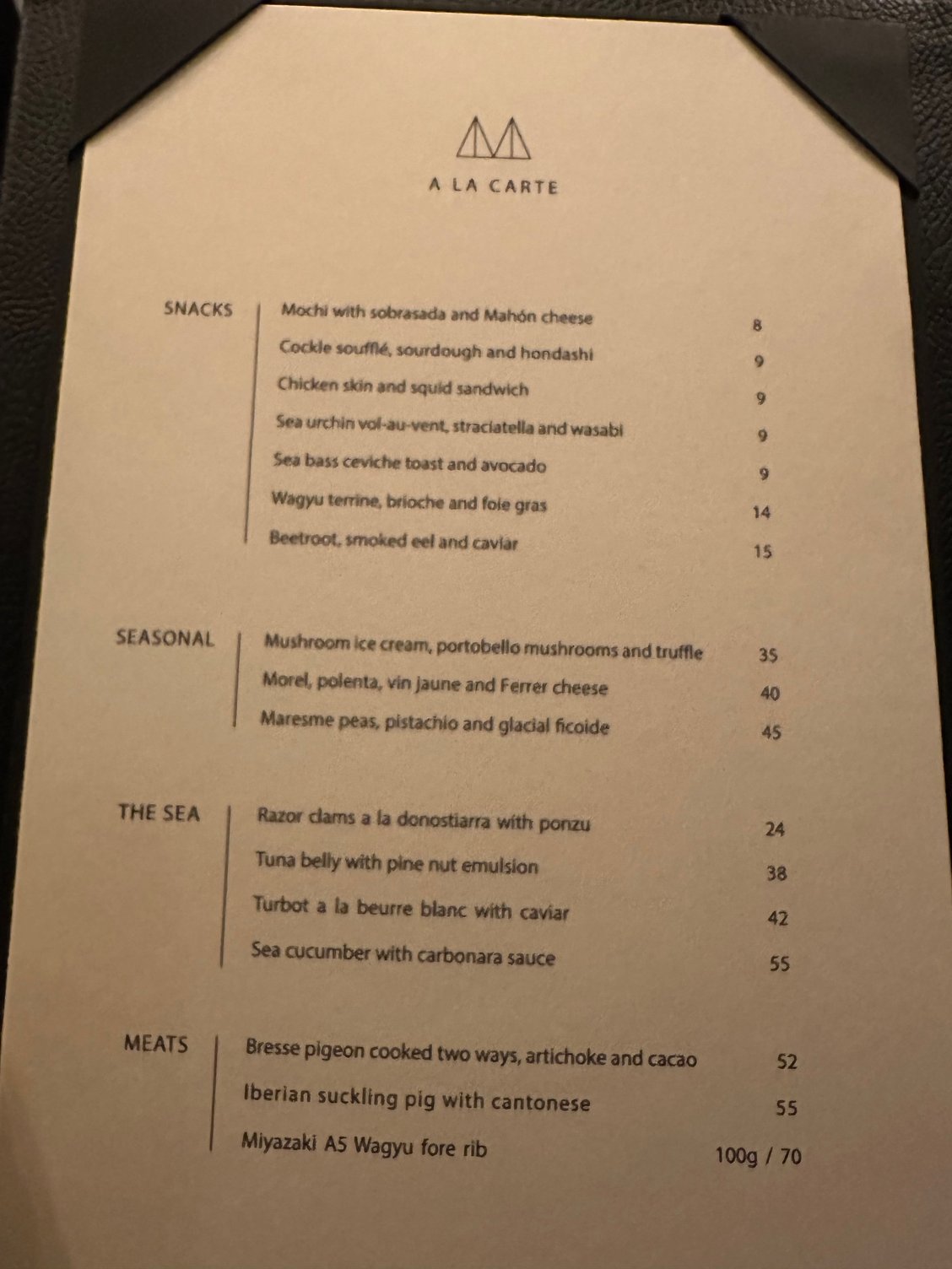 A la carte menu. There are also two tasting options. 