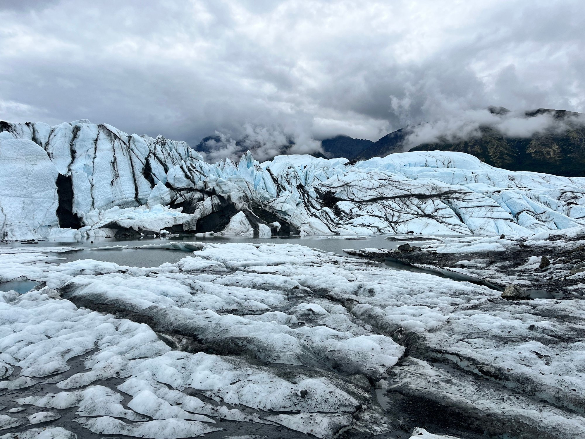Even on this overcast day, you can still see the blue hue of the glaciers 