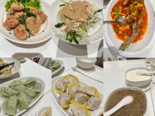 Clockwise from top left- fried chicken, cold noodles (made with mung bean I think), whole fish sweet & sour, green bean soup and almond tea (both desserts), 2 types of handmade dumplings. 
