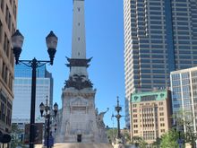Soldiers & Sailors Monument from lively Meridian Street