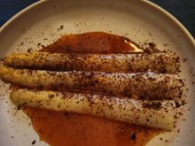 White asparagus cooked by the chef for dinner 