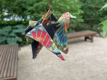 A rare one of a kind bird. 
It’s a crane  hanging at my Japanese Gardens.
My friend made it. I don’t have the talent.  Legend is if you make 1000 of these in a year, a wish will come true. 