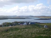 Views from Callanish 1, visitor centre in the distance