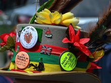 The buttons he wore all over showed the Brit sense of humour. Here, the ones attached to his hat.