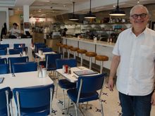 We only ate out a few times, and those locales were very carefully researched. Shown here=Beautys. This genuine diner once hosted Anthony Bourdain (see YouTube). We enjoyed the black Russian bread with their peerless liver salad. Ah mon dieu! I won't mention by name which rockstar was once a dick there with his egotistical misbehaviour, but John Mayer left a very bad impression. 
Above: owner Larry Skolnick who finally took over from his aged father. Beautys was named for Larry's mom Freda.