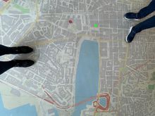 Giant floor map of modern Marseille. The red dot between us is the location of the museum, which was on the site of the ancient port. The green dot (I added) is where we stayed.