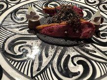 ROAST PIGEON with tomato, onion, garlic sauce aside a pate of pigeon:

PICHÓN ASADO y reposado con TOMATES tatemados, untuoso de CEBOLLA y paté
