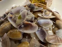 Another photo of the heaping plate of clams; this is a racion, priced at 25 euro, offered with one of two varieties of crusty, perfect bread.  This chunk bears the yellow hue of turmeric.