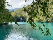 One of the lower lakes and waterfalls at gorgeous Plitvice Lakes.