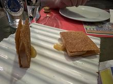 Maybe the best dish of our entire trip; duck foie (pasties de higado) sandwiched between crackers bread with sweet compote of boniato (sweet potatoes).   I ordered two per person but the owner's wife told us we needed one, each.    Heaven in my mouth....