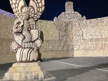 Back of the monument.  There is the classic eagle eating the snake on a cactus.  You may the story of the Mexicas on the move and the myth that when they saw an eagle eating a snake, they were home.  Tenochtitlan, which became Mexico City